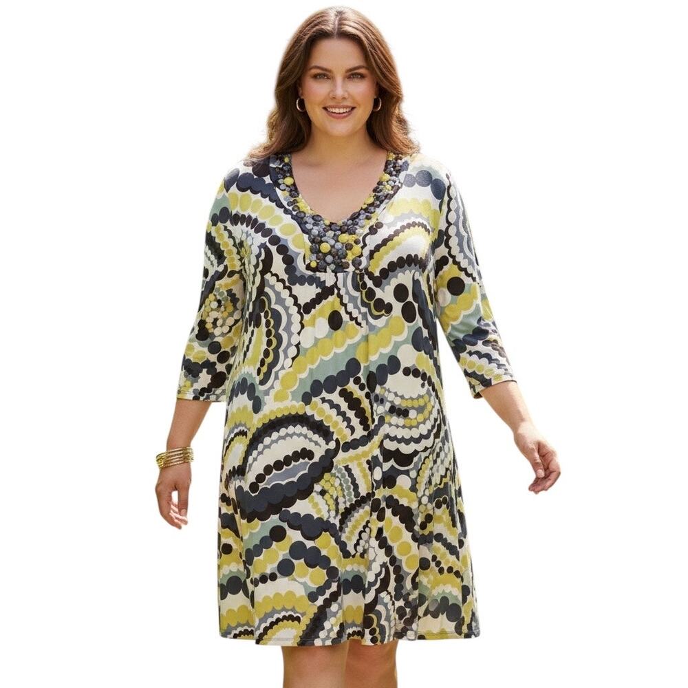 Boden Embellished Shift Dress 3/4 Sleeves Retro Women's Plus Size 18